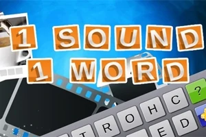 Turuncu kutular içinde 1 SOUND 1 WORD yazısı, arka planda mavi bir zemin ve film şeritleri ile bir klavye görseli