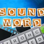 Turuncu kutular içinde 1 SOUND 1 WORD yazısı, arka planda mavi bir zemin ve film şeritleri ile bir klavye görseli