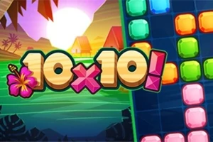 Renkli karelerin bulunduğu bir alanda, tropikal bir manzara önünde 10x10 yazısı