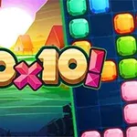 Renkli karelerin bulunduğu bir alanda, tropikal bir manzara önünde 10x10 yazısı