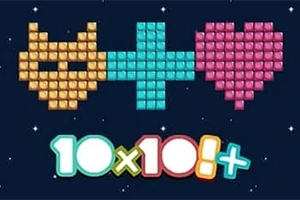 Turuncu bir kedi yüzü, mavi bir artı ve pembe bir kalp şekli, alt kısmında renkli 10x10!