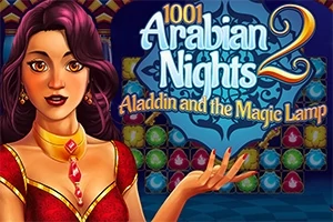 Kadın karakterin yanında 1001 Arabian Nights 2: Aladdin and the Magic Lamp yazısı ve renkli arka plan
