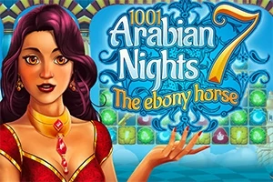 Mor saçlı ve kırmızı elbiseli bir kadın, 1001 Arabian Nights 7 The ebony horse yazısının yanında duruyor