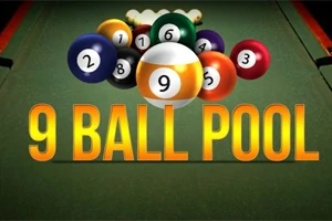 Bilardo masası üzerinde sayılarla işaretlenmiş toplar ve büyük sarı harflerle 9 Ball Pool yazısı