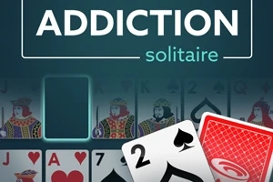 Üst kısımda büyük harflerle ADDICTION solitaire yazısı ve altta papaz, kupa, karo kartları gösterilen bir kart destesi