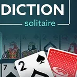 Üst kısımda büyük harflerle ADDICTION solitaire yazısı ve altta papaz, kupa, karo kartları gösterilen bir kart destesi