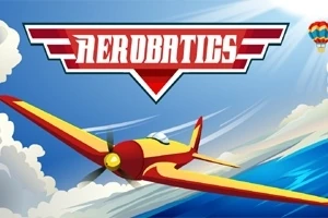 Sarı ve kırmızı renkli bir uçak, bulutlu gökyüzünde mavi bir arka planda uçuyor, üstte Aerobatics yazısı bulunuyor