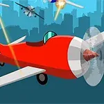 Kırmızı bir uçak, arka planda mavi bir şehir siluetiyle birlikte havada hareket halindeyken ateş almış