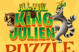 Tropical şapkası olan bir lemur ve büyük gözlü başka bir hayvan, renkli bir başlığın önünde poz veriyor
