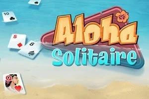 Kumsal üzerinde oyun kartları ve üzerinde çiçek deseni olan Aloha Solitaire yazısı