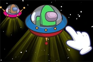 Uzayda iki renkli UFO ve beyaz bir el simgesi