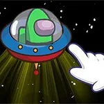 Uzayda iki renkli UFO ve beyaz bir el simgesi