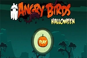 Karanlık bir ormanda, ortasında kabak şeklinde bir Play düğmesi olan ve üzerinde stilize edilmiş Halloween yazısı bulunan bir ekran