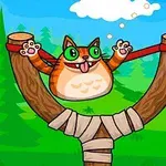 Yeşilliklerle dolu bir arka planda, büyük gözlü sevimli bir kedi, sapanla fırlatılmak üzere gerilmiş durumda