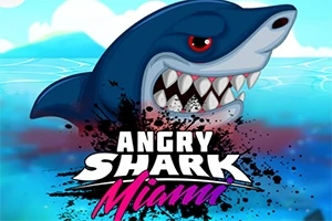 Köpekbalığının ağzı açık ve dişleri görünen bir görsel üzerinde Angry Shark Miami yazısı