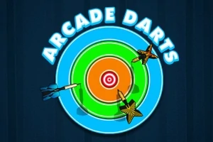 Yuvarlak bir hedef tahtasına saplanmış üç adet ok ve üzerinde Arcade Darts yazısı
