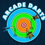 Yuvarlak bir hedef tahtasına saplanmış üç adet ok ve üzerinde Arcade Darts yazısı