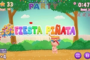 Renkli Fiesta Piñata yazısının bulunduğu, ağaçlar ve çalılıklarla çevrili bir bahçede piñata kıran bir karakter görüntüsü