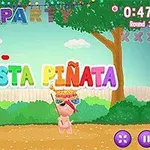 Renkli Fiesta Piñata yazısının bulunduğu, ağaçlar ve çalılıklarla çevrili bir bahçede piñata kıran bir karakter görüntüsü