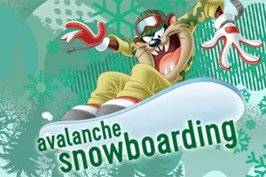 Kar tanesi desenli arka planda snowboard yapan neşeli bir çizgi karakter