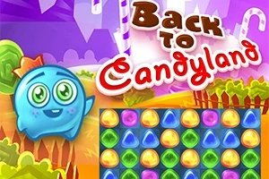 Türlü renkli taşların dizildiği şekerlerle dolu bir ortamda yeşil gözlü, mavi bir karakter ve Back to Candyland yazısı