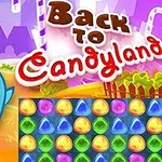 Türlü renkli taşların dizildiği şekerlerle dolu bir ortamda yeşil gözlü, mavi bir karakter ve Back to Candyland yazısı