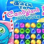 Renkli şekerler, mavi bir yaratık ve pastel tonlarında bir fon içeren canlı bir görsel