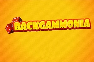 Sarı arka plan üzerinde iki kırmızı zar ve büyük sarı harflerle Backgammonia yazısı