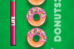 Yeşil arka plan üzerinde pembe krema ve renkli şekerlemelerle süslenmiş üç çörek ile yanında DONUTS!