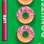 Yeşil arka plan üzerinde pembe krema ve renkli şekerlemelerle süslenmiş üç çörek ile yanında DONUTS!