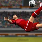 Kırmızı formayla sıçrayarak makas vuruşu yapan bir futbolcu