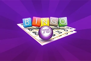 Mor arka planda, önünde bir bingo kartı ve üzerinde BINGO yazan renkli harflerle birlikte bir bingo topu bulunan görüntü