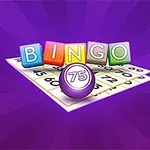 Mor arka planda, önünde bir bingo kartı ve üzerinde BINGO yazan renkli harflerle birlikte bir bingo topu bulunan görüntü