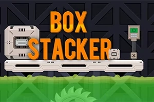 Turuncu büyük harflerle BOX STACKER yazısı, arka planda dişli çark, alt kısımda yeşil bir sıvı ve üzerinde kutular ile bir platform
