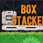 Turuncu büyük harflerle BOX STACKER yazısı, arka planda dişli çark, alt kısımda yeşil bir sıvı ve üzerinde kutular ile bir platform