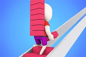 Beyaz, aksiyon figürü benzeri bir karakter, elinde ve sırtında pembe bloklar taşıyor ve eğimli bir platformda yürüyor