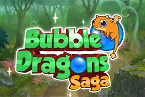 Orman arka planında, üzerinde mavi bir balonun olduğu sevimli bir küçük ejderhanın yanında Bubble Dragons Saga yazısı