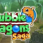 Orman arka planında, üzerinde mavi bir balonun olduğu sevimli bir küçük ejderhanın yanında Bubble Dragons Saga yazısı