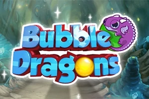 Mor bir ejderha ve büyük harflerle yazılmış Bubble Dragons metni içeren renkli bir arka plan