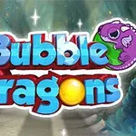 Mor bir ejderha ve büyük harflerle yazılmış Bubble Dragons metni içeren renkli bir arka plan