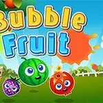 Gözleri olan meyve şekilli karakterlerle dolu, renkli bir oyun teması ve Bubble Fruit yazısı bulunan bir grafik