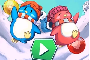 Karda zıplayan kırmızı şapkalı kırmızı penguen ve turuncu şapkalı mavi penguen, altlarında bir oynat tuşu simgesi ile