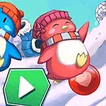 Karda zıplayan kırmızı şapkalı kırmızı penguen ve turuncu şapkalı mavi penguen, altlarında bir oynat tuşu simgesi ile