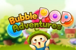 Sevimli bir karakterin büyük renkli baloncuklarla dolu neşeli bir arka plan önünde yer aldığı ve üzerinde Bubble Pop Adventures yazılı bir yazı bulunan resim