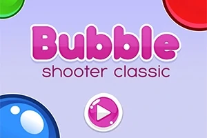 Mor bir arka plan üzerinde büyük pembe harflerle Bubble shooter classic yazısı ve altında pembe bir oynatma simgesi bulunan bir görüntü