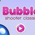 Mor bir arka plan üzerinde büyük pembe harflerle Bubble shooter classic yazısı ve altında pembe bir oynatma simgesi bulunan bir görüntü