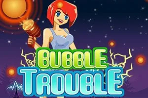 Kırmızı saçlı, elinde ışık saçan bir cihaz tutan mavi elbiseli çizgi karakter ve Bubble Trouble yazısı