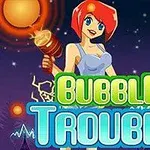 Kırmızı saçlı, elinde ışık saçan bir cihaz tutan mavi elbiseli çizgi karakter ve Bubble Trouble yazısı