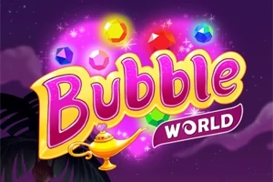 Mor arka plan önünde parlak mücevherler ve sihirli lamba görseliyle Bubble World yazısı