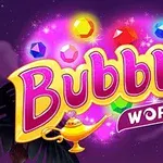 Mor arka plan önünde parlak mücevherler ve sihirli lamba görseliyle Bubble World yazısı